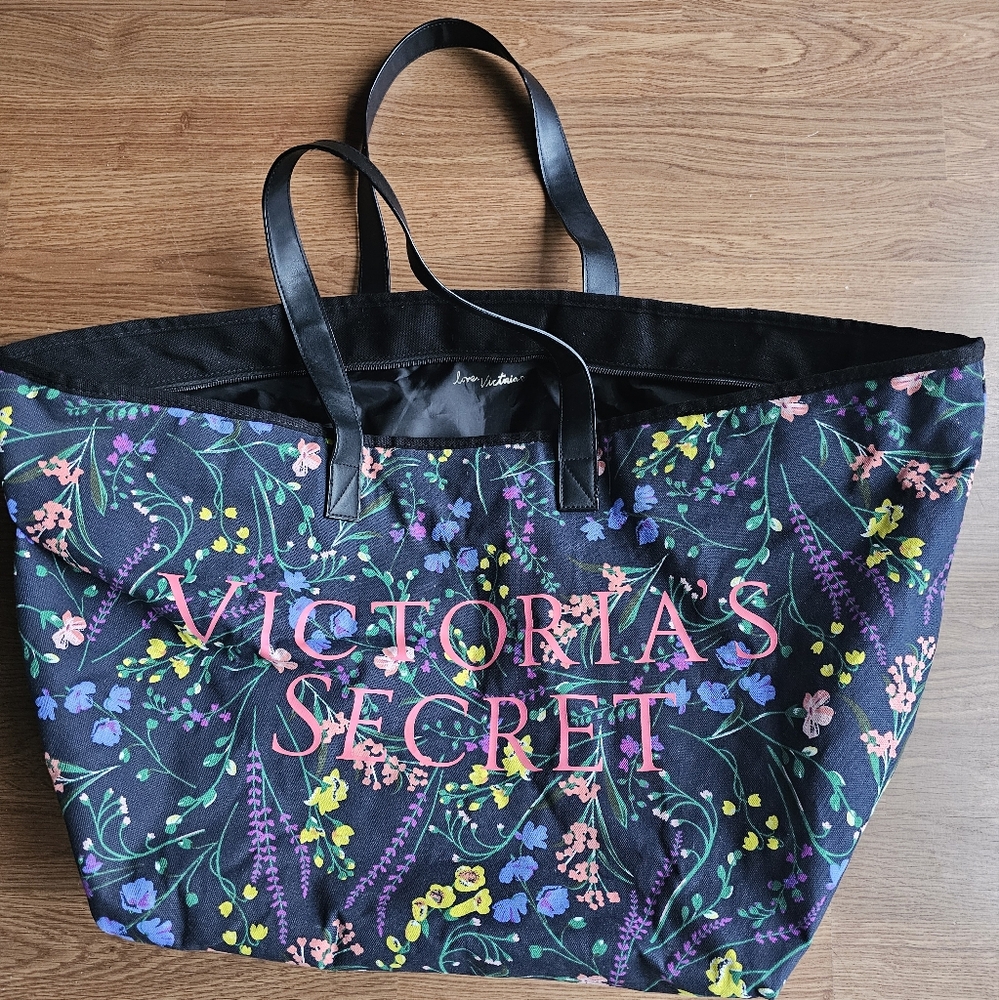 Victoria's Secret Large Zippered Black Pink Floral Weekend Getaway Tote Handbag